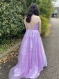 Ball Gown Scoop Neck Tulle Sweep Train Appliques Lace Prom Dresses