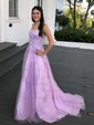 Ball Gown Scoop Neck Tulle Sweep Train Appliques Lace Prom Dresses