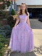 Ball Gown Scoop Neck Tulle Sweep Train Appliques Lace Prom Dresses