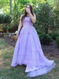 Ball Gown Scoop Neck Tulle Sweep Train Appliques Lace Prom Dresses