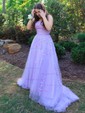 Ball Gown Scoop Neck Tulle Sweep Train Appliques Lace Prom Dresses