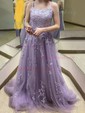 Ball Gown Scoop Neck Tulle Sweep Train Appliques Lace Prom Dresses