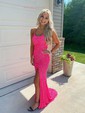 Sheath/Column Sweep Train Scoop Neck Velvet Sequins Split Front Prom Dresses