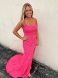 Sheath/Column Sweep Train Scoop Neck Velvet Sequins Split Front Prom Dresses