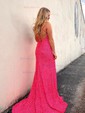 Sheath/Column Sweep Train Scoop Neck Velvet Sequins Split Front Prom Dresses