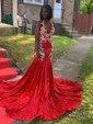 Trumpet/Mermaid Sweep Train V-neck Velvet Appliques Lace Prom Dresses