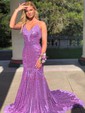 Trumpet/Mermaid Halter Sequined Sweep Train Prom Dresses