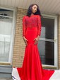 Trumpet/Mermaid Scoop Neck Stretch Crepe Sweep Train Beading Prom Dresses