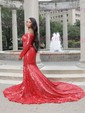 Trumpet/Mermaid Sweep Train Off-the-shoulder Sequined Long Sleeves Prom Dresses