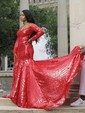 Trumpet/Mermaid Sweep Train Off-the-shoulder Sequined Long Sleeves Prom Dresses