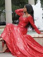 Trumpet/Mermaid Sweep Train Off-the-shoulder Sequined Long Sleeves Prom Dresses