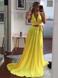 A-line Halter Jersey Two Piece Prom Dresses With Bow