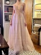 A-line V-neck Tulle Sweep Train Beading Prom Dresses