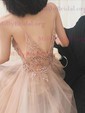 A-line V-neck Tulle Sweep Train Beading Prom Dresses