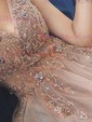 A-line V-neck Tulle Sweep Train Beading Prom Dresses