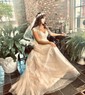 A-line V-neck Tulle Sweep Train Wedding Dresses With Appliques Lace