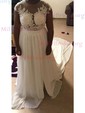 Fabulous A-line Scoop Neck Chiffon Tulle Sweep Train Appliques Lace Short Sleeve Wedding Dress