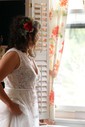 Custom A-line V-neck Tulle Court Train Appliques Lace Open Back Wedding Dresses