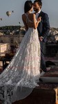 A-line V-neck Lace Sweep Train Wedding Dresses