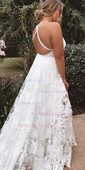 A-line V-neck Lace Sweep Train Wedding Dresses