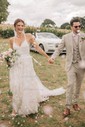 A-line V-neck Lace Sweep Train Wedding Dresses