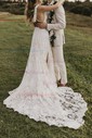 A-line V-neck Lace Sweep Train Wedding Dresses