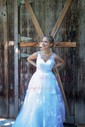 A-line V-neck Tulle Sweep Train Appliques Lace Wedding Dresses