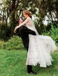 Ball Gown/Princess V-neck Tulle Sweep Train Wedding Dresses With Appliques Lace