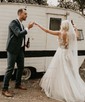Ball Gown/Princess V-neck Tulle Sweep Train Wedding Dresses With Appliques Lace