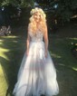 Ball Gown V-neck Tulle Sweep Train Wedding Dresses With Appliques Lace
