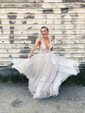 Ball Gown/Princess V-neck Tulle Sweep Train Wedding Dresses With Appliques Lace