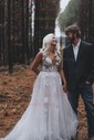 Ball Gown V-neck Tulle Sweep Train Wedding Dresses With Appliques Lace