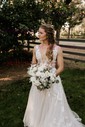 Ball Gown V-neck Tulle Sweep Train Wedding Dresses With Appliques Lace