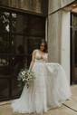 Ball Gown V-neck Tulle Sweep Train Wedding Dresses With Appliques Lace