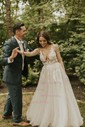 Ball Gown V-neck Tulle Sweep Train Wedding Dresses With Appliques Lace