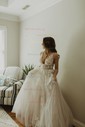 Ball Gown V-neck Tulle Sweep Train Wedding Dresses With Appliques Lace