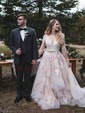 Ball Gown V-neck Tulle Sweep Train Wedding Dresses With Tiered