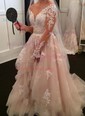 Ball Gown V-neck Tulle Sweep Train Wedding Dresses With Tiered