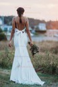 Trumpet/Mermaid V-neck Stretch Crepe Sweep Train Wedding Dresses With Buttons