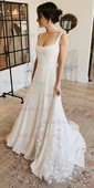 A-line Square Neckline Stretch Crepe Sweep Train Wedding Dresses With Lace