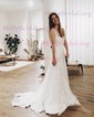 A-line Square Neckline Stretch Crepe Sweep Train Wedding Dresses With Lace