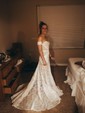 Sheath/Column Sweetheart Lace Sweep Train Wedding Dresses