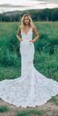 Trumpet/Mermaid V-neck Lace Court Train Wedding Dresses With Pockets