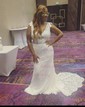 Trumpet/Mermaid V-neck Lace Court Train Wedding Dresses With Pockets