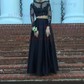 Ball Gown Illusion Lace Satin Long Sleeves Two Piece Prom Dresses