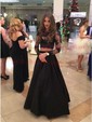 Ball Gown Illusion Lace Satin Long Sleeves Two Piece Prom Dresses