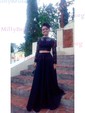 Ball Gown Illusion Lace Satin Long Sleeves Two Piece Prom Dresses