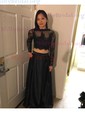 Ball Gown Illusion Lace Satin Long Sleeves Two Piece Prom Dresses