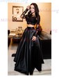 Ball Gown Illusion Lace Satin Long Sleeves Two Piece Prom Dresses