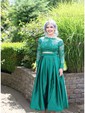 Ball Gown Illusion Lace Satin Long Sleeves Two Piece Prom Dresses